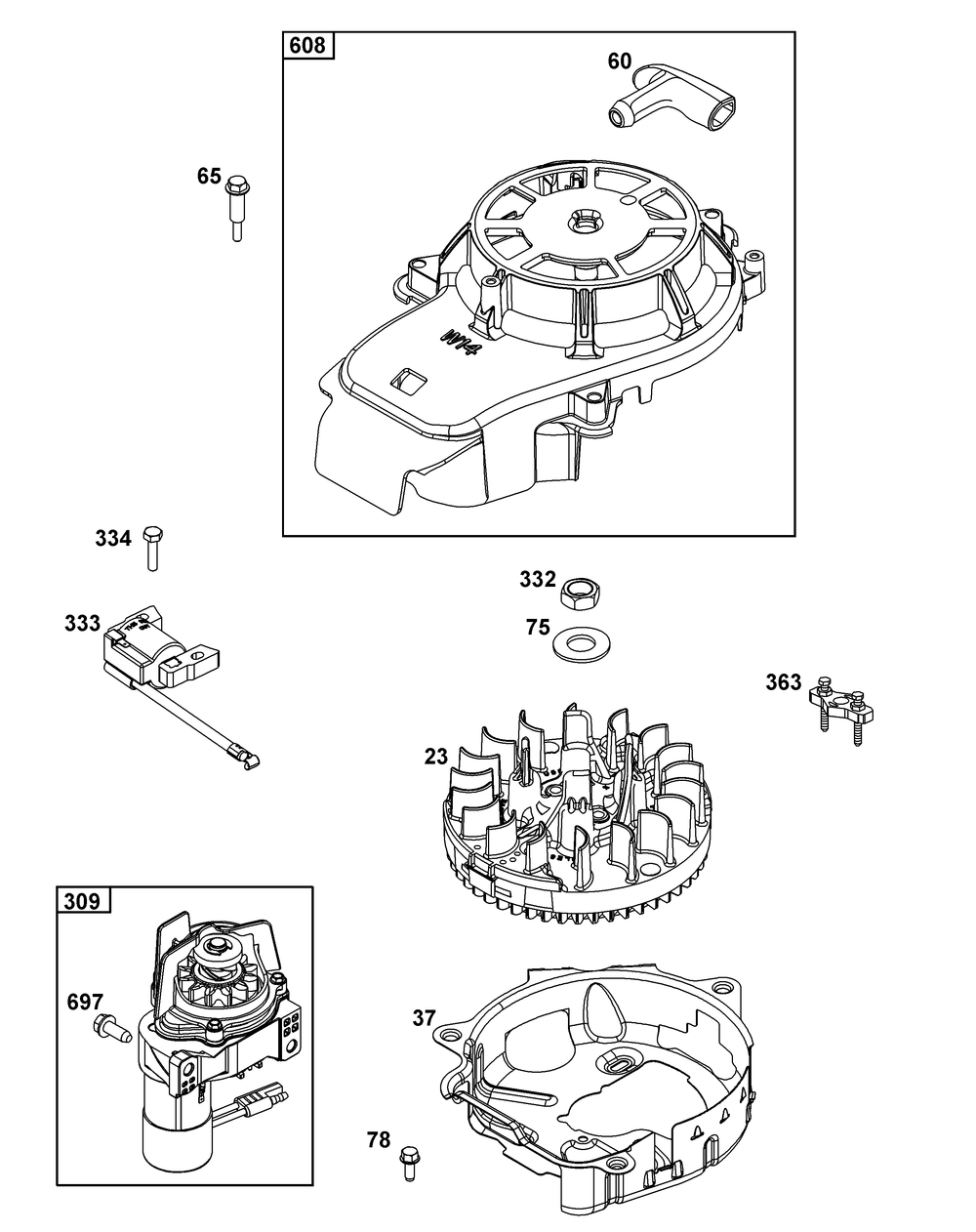 Flywheel, Ignition, And Starter Group Diagram and Parts List for 125P05-0065-F1 100000 - 19Z999 Briggs and Stratton Engine
